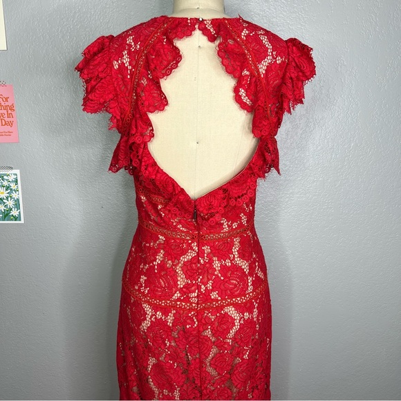 SAYLOR Lace High Neck Ruffled Trumpet Midi Dress Medium - Picture 4 of 14